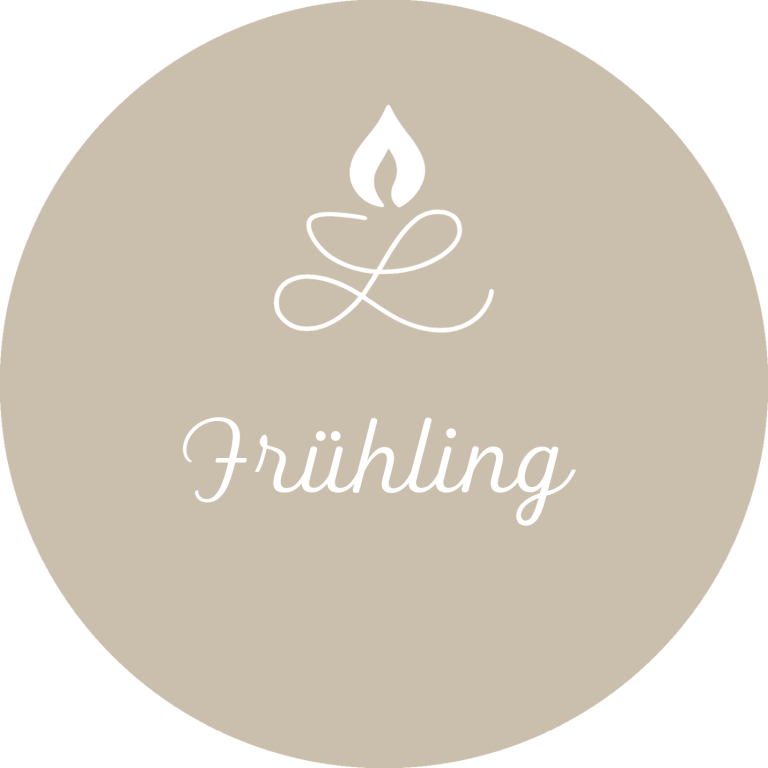 Kerzen-Symbol mit dem Schriftzug "Frühling" auf einem beigen Hintergrund.
